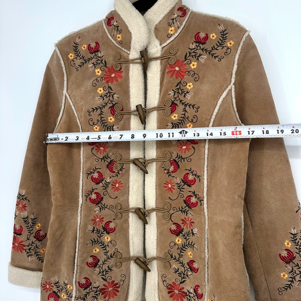 St. John's Bay Tan Suede Embroidered Toggle Coat with Cream Shearling Trim - Picture 14 of 17